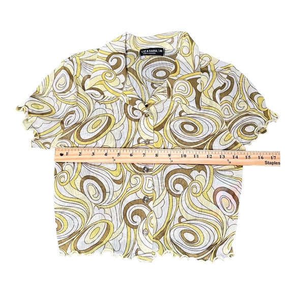 Liz & Sara Green Yellow Crop Top Abstract Mesh Sheer Shirt Size M Retro Top - Picture 6 of 10